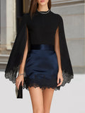 Elegant cape-sleeve top and satin mini skirt set with a lace hem