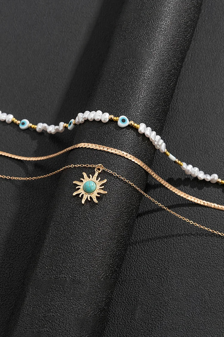 Beads Chain Tribal Sun Decor Pearl Layered Vintage Necklace