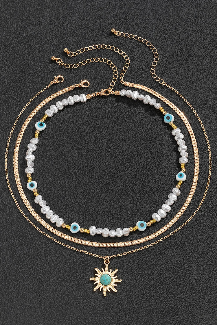 Beads Chain Tribal Sun Decor Pearl Layered Vintage Necklace