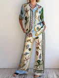 Unique Deep Sea Floral Print Loose Shirt and Pants Set