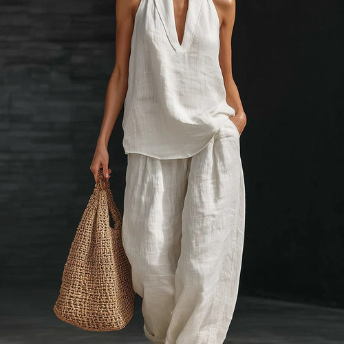 Boho Linen-Look Halter Set - Sleeveless V-Neck Top & Flowy Wide-Leg Pants Two-Piece Suite