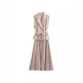 Nerina Double-Breasted 2 Piece Pleated Midi Dress – Sleeveless Blazer Top & Skirt Set in Black, Cream or Beige