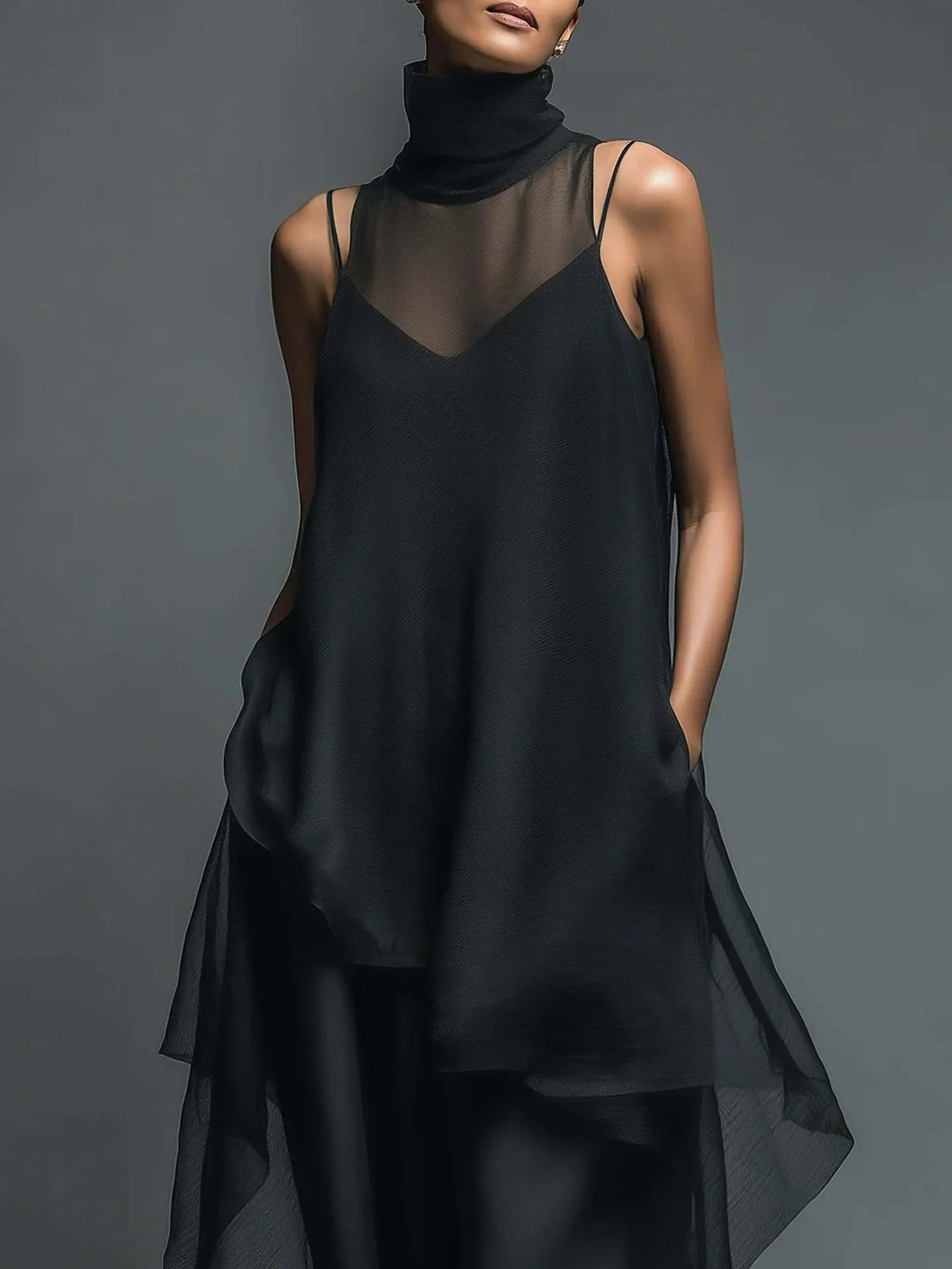 Momocco Avant-Garde 2-Piece Set - Sheer Mesh Layered Chiffon Maxi Dress in Midnight Black