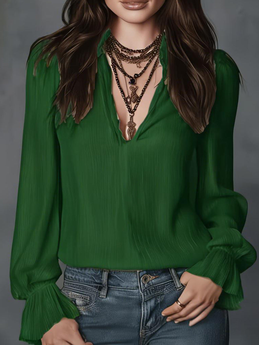 Elegant V-Neck Puff Sleeve Blouse - High-End Crinkled Texture Work Shirt for Professional Women