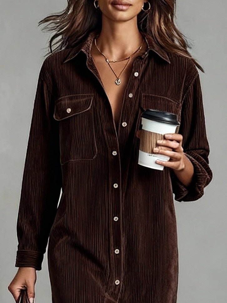 Dark Brown Loose Corduroy Double Chest Pocket Single Breasted Midi Dress
