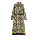 Dahlia Geometric Print Belted Midi Shirt Dress - Long Sleeve Maxi Shirt Dress