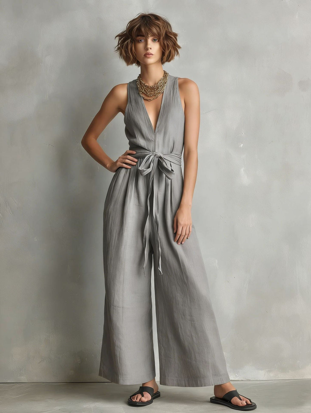 Momocco Elegant Waist-Knot Jumpsuit - Sleeveless Wide-Leg One-Piece Quiet Luxury Set