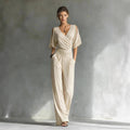 French Chic Wrap V-Neck Jumpsuit - Elegant Ruched Waist Wide-Leg Romper with Shoulder Cut-outs